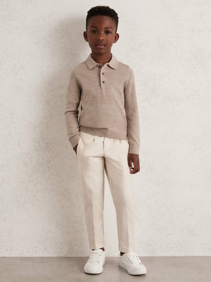 9-13 yrs Merino Wool Long-Sleeve Polo Shirt in Wheat Melange | Reiss Children & Baby Signature