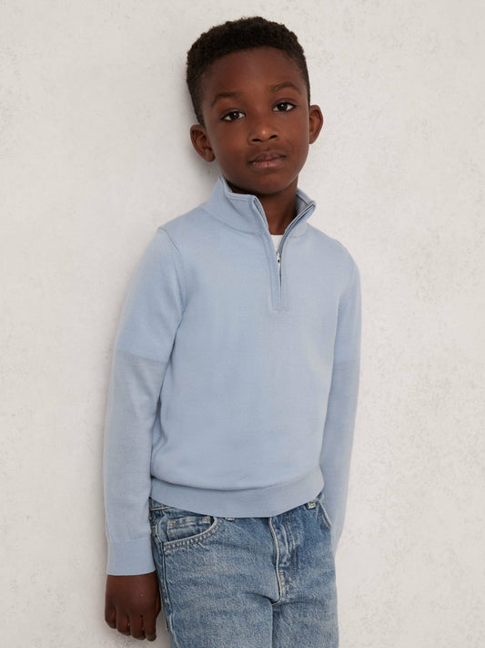 9-13 yrs Merino Wool Half-Zip Funnel Neck Jumper in Soft Blue Melange | Reiss Children & Baby New