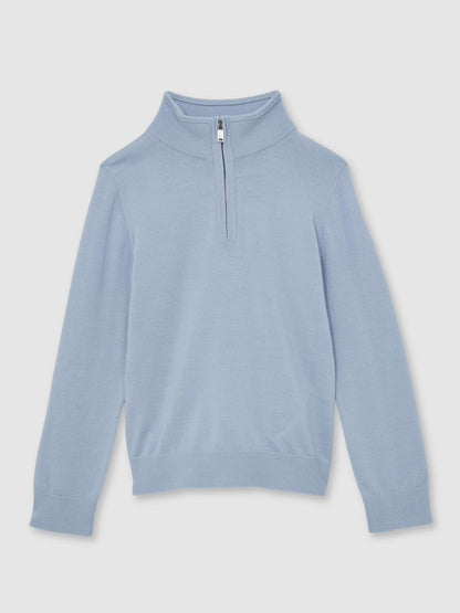 9-13 yrs Merino Wool Half-Zip Funnel Neck Jumper in Soft Blue Melange | Reiss Children & Baby New
