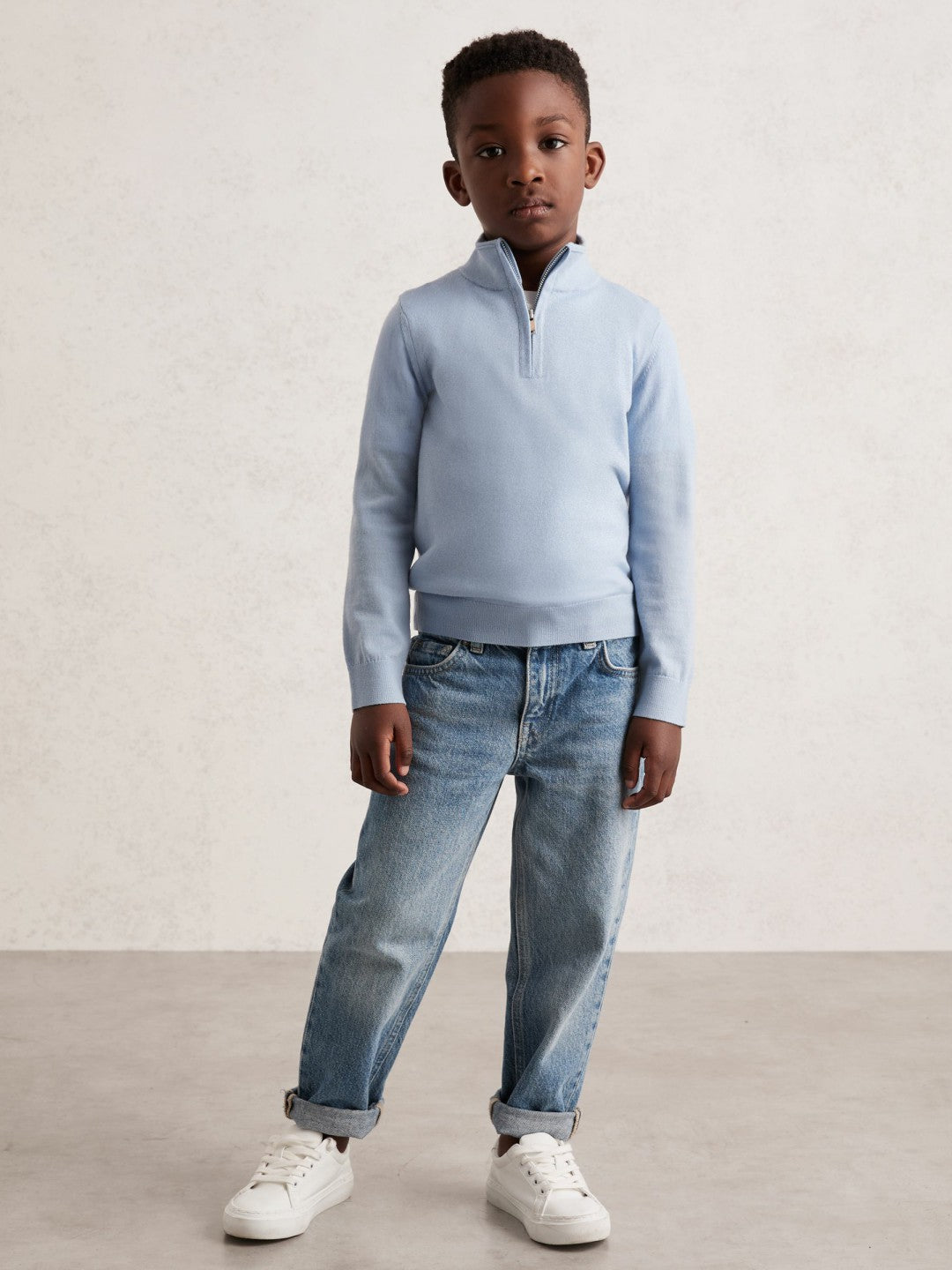 9-13 yrs Merino Wool Half-Zip Funnel Neck Jumper in Soft Blue Melange | Reiss Children & Baby New