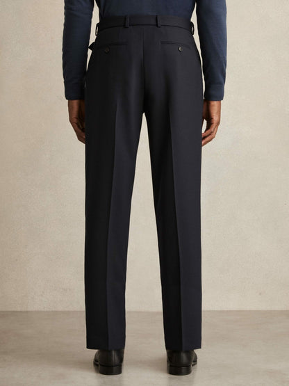Wool-Blend Belted Pleated Trousers Regular-Fit in Navy | Reiss Men New