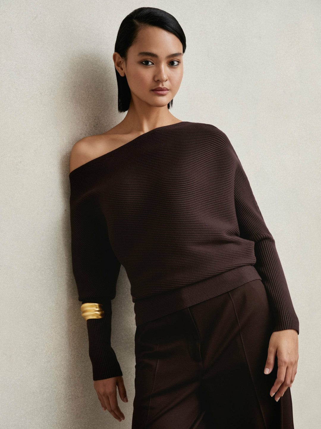 Asymmetric Draped Knitted Jumper in Plum | Reiss Women Best Seller