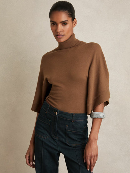 Merino Wool Batwing Roll-Neck Jumper in Tan | Reiss Women Premium