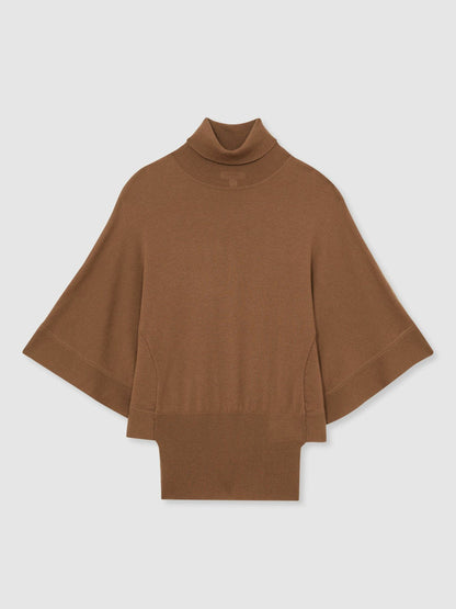 Merino Wool Batwing Roll-Neck Jumper in Tan | Reiss Women Premium