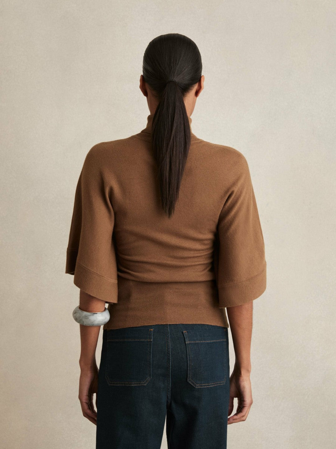 Merino Wool Batwing Roll-Neck Jumper in Tan | Reiss Women Premium