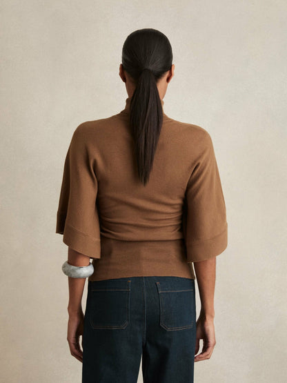 Merino Wool Batwing Roll-Neck Jumper in Tan | Reiss Women Premium