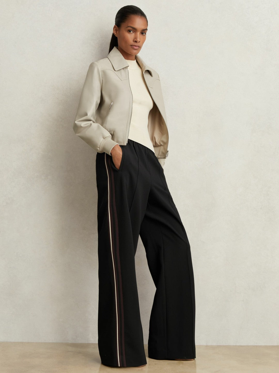 Side-Stripe Wide-Leg Trousers in Black | Reiss Women Premium