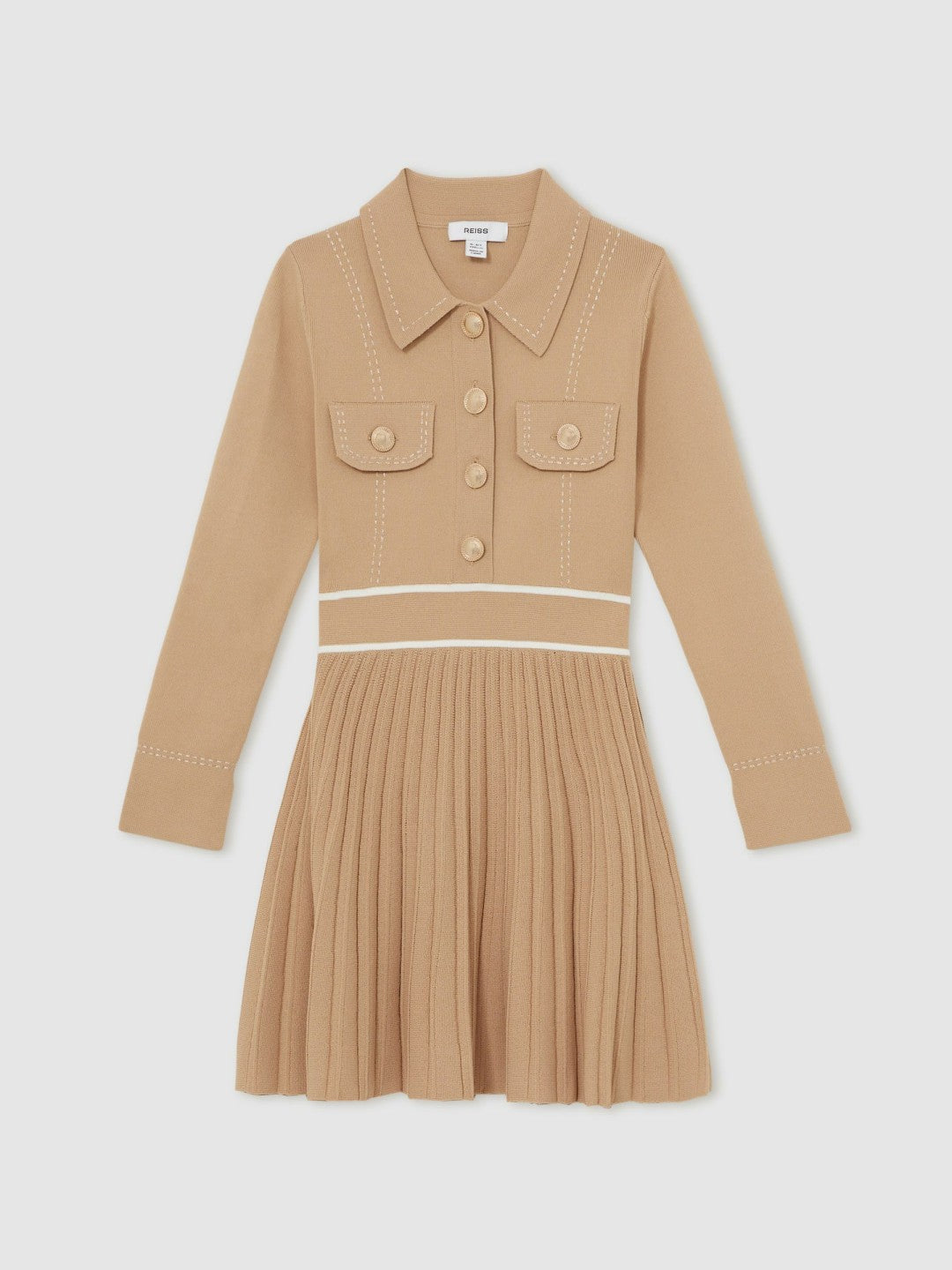 13-14 yrs Button-Detail Stripe Knitted Dress in Camel | Reiss Children & Baby Featured
