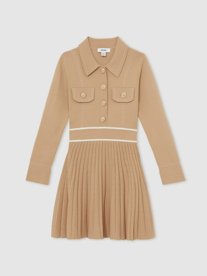 13-14 yrs Button-Detail Stripe Knitted Dress in Camel | Reiss Children & Baby Featured