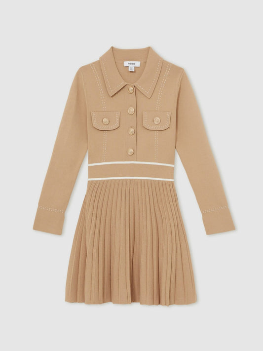 13-14 yrs Button-Detail Stripe Knitted Dress in Camel | Reiss Children & Baby Featured