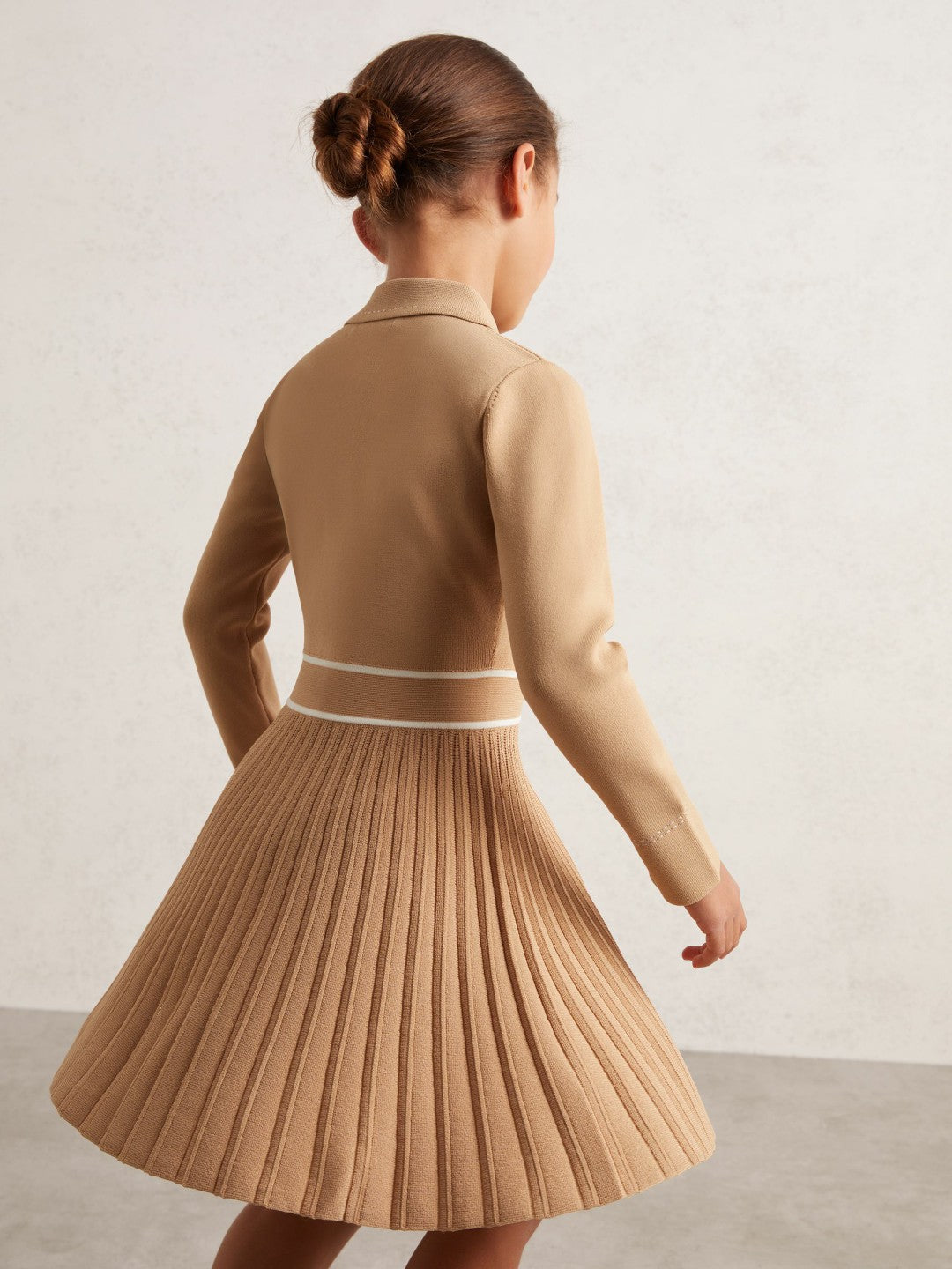 13-14 yrs Button-Detail Stripe Knitted Dress in Camel | Reiss Children & Baby Featured