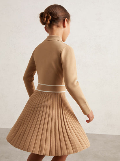 13-14 yrs Button-Detail Stripe Knitted Dress in Camel | Reiss Children & Baby Featured