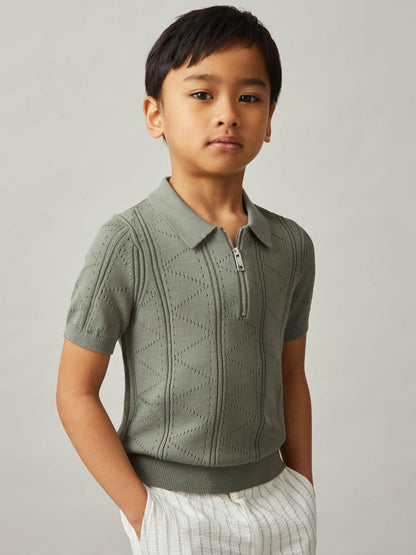 3-9 yrs Half-Zip Pointelle Polo Shirt in Sage | Reiss Children & Baby Recommended