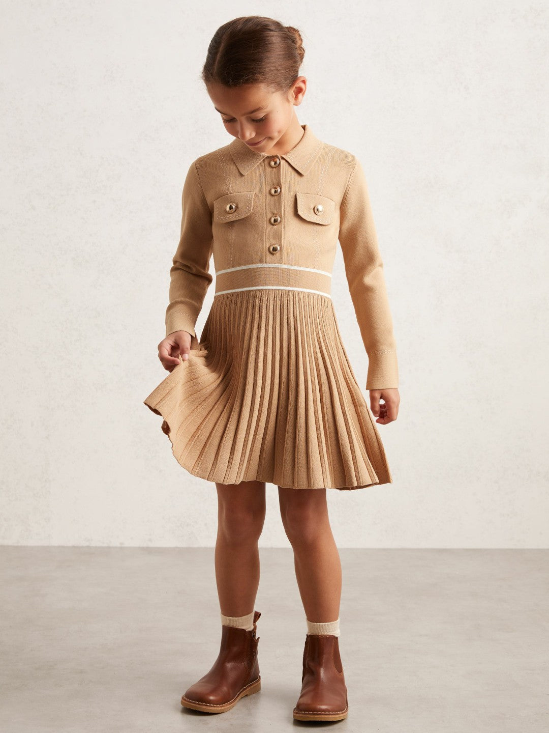 3-9 yrs Button-Detail Stripe Knitted Dress in Camel | Reiss Children & Baby Popular