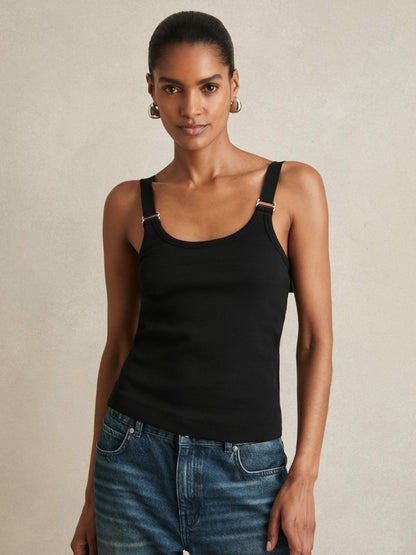 Stretch-Cotton D-Ring Strap Vest in Black | Reiss Women New