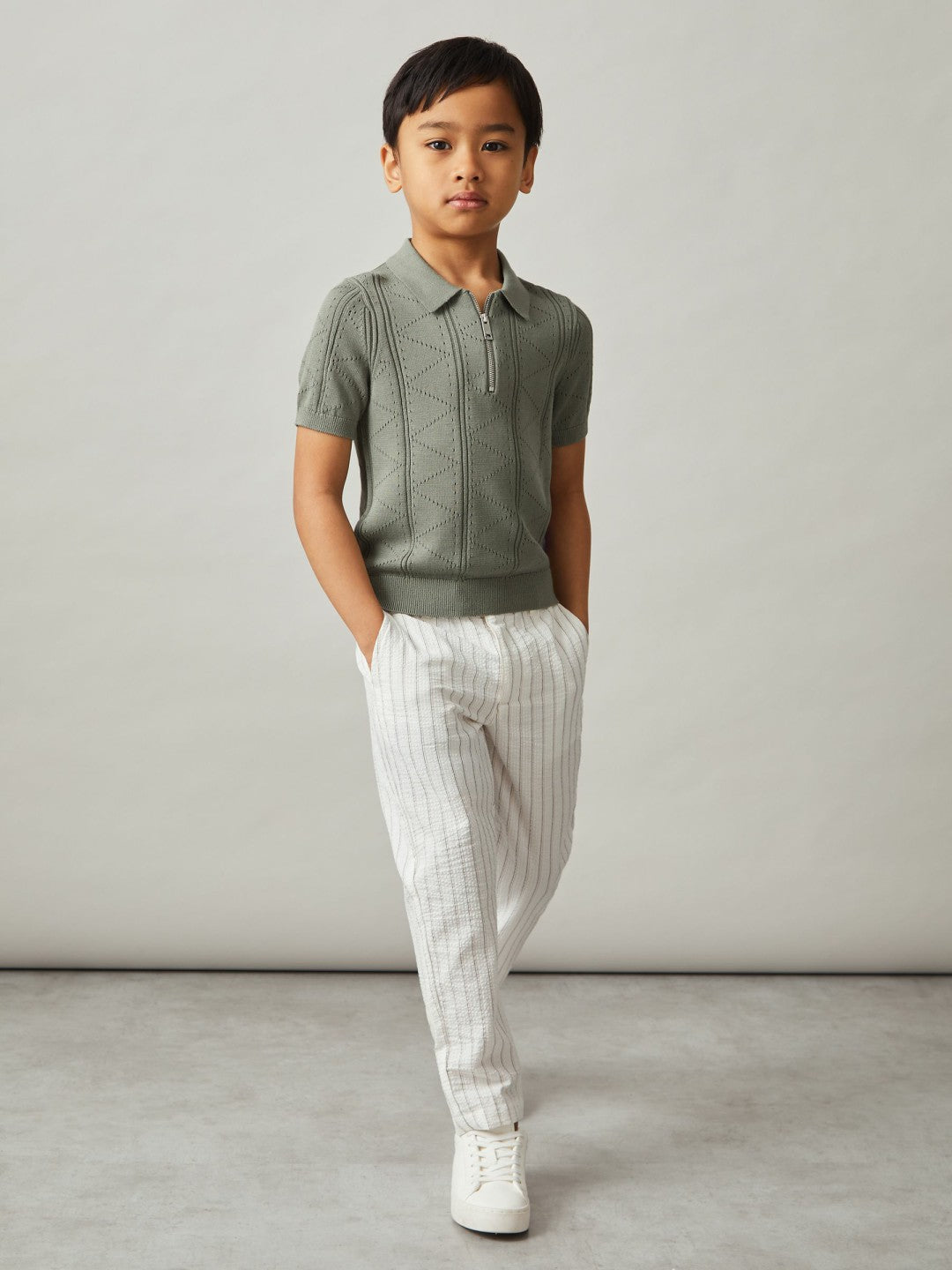 9-13 yrs Half-Zip Pointelle Polo Shirt in Sage | Reiss Children & Baby Signature