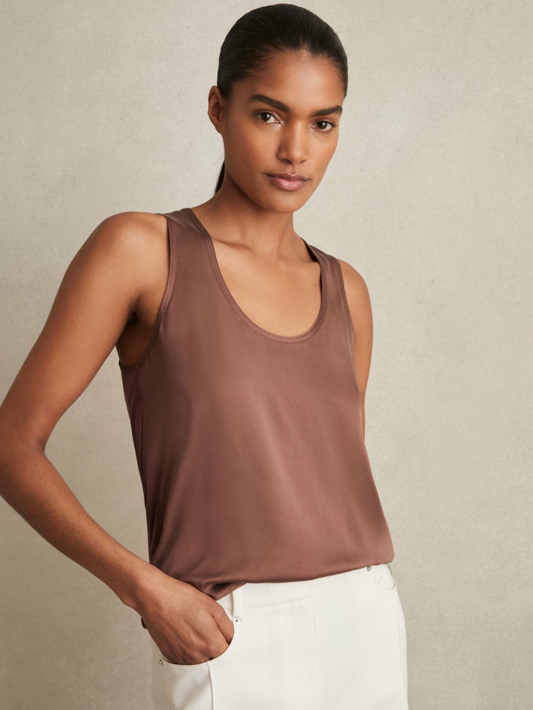 Silk-Front Cami Top in Mocha Brown | Reiss Women Best Seller