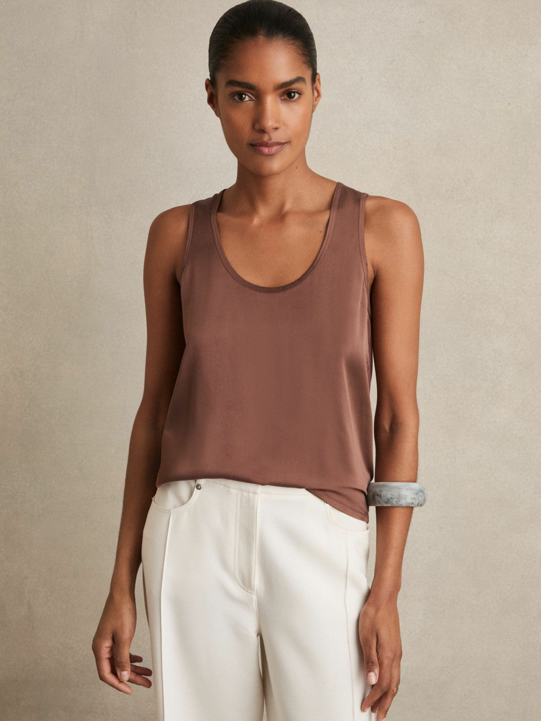 Silk-Front Cami Top in Mocha Brown | Reiss Women Best Seller