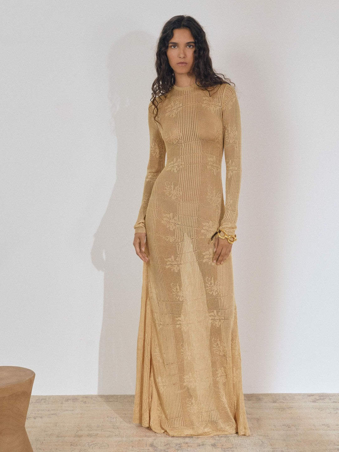 Lace-Knit Ruched Maxi Dress in Gold | Reiss Women Best Seller