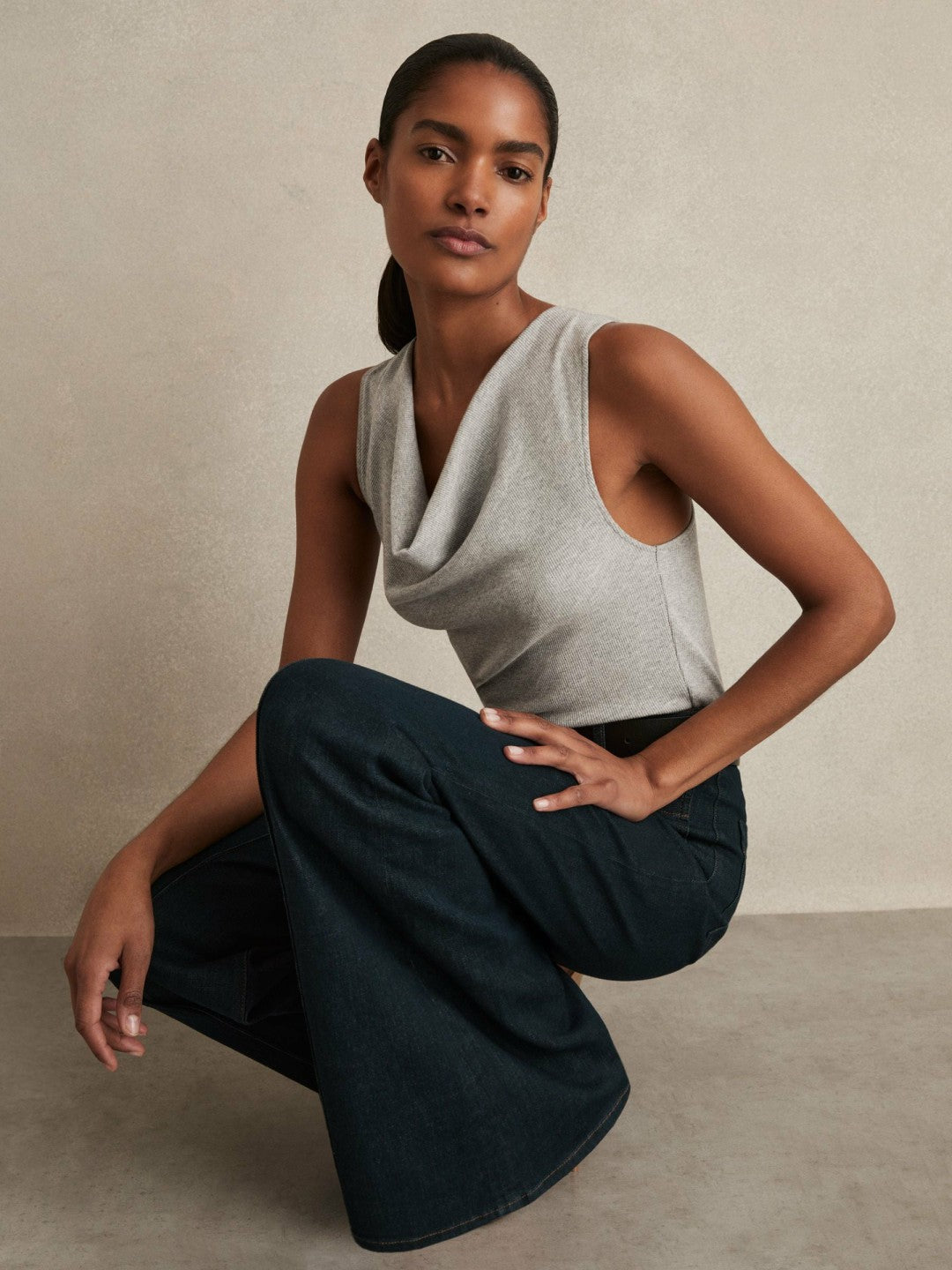 Ribbed Cowl-Neck Vest in Grey Marl | Reiss Women New