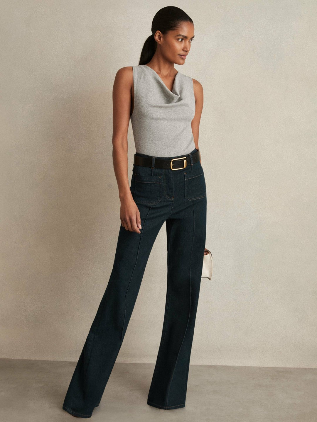 Ribbed Cowl-Neck Vest in Grey Marl | Reiss Women New
