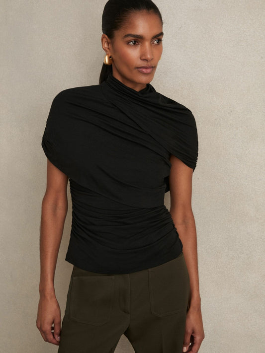Stretch Lyocell Draped Top in Black | Reiss Women Best Seller