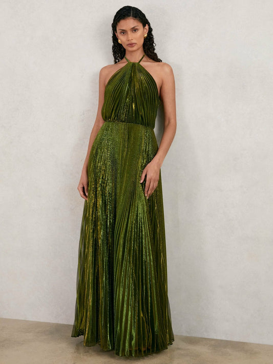 Halston Metallic Pleated Maxi Dress in Dark Olive Green | Reiss Women Signature