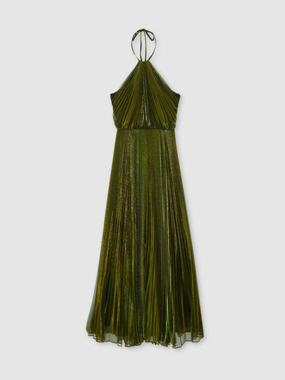 Halston Metallic Pleated Maxi Dress in Dark Olive Green | Reiss Women Signature