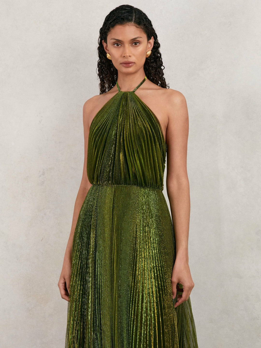 Halston Metallic Pleated Maxi Dress in Dark Olive Green | Reiss Women Signature