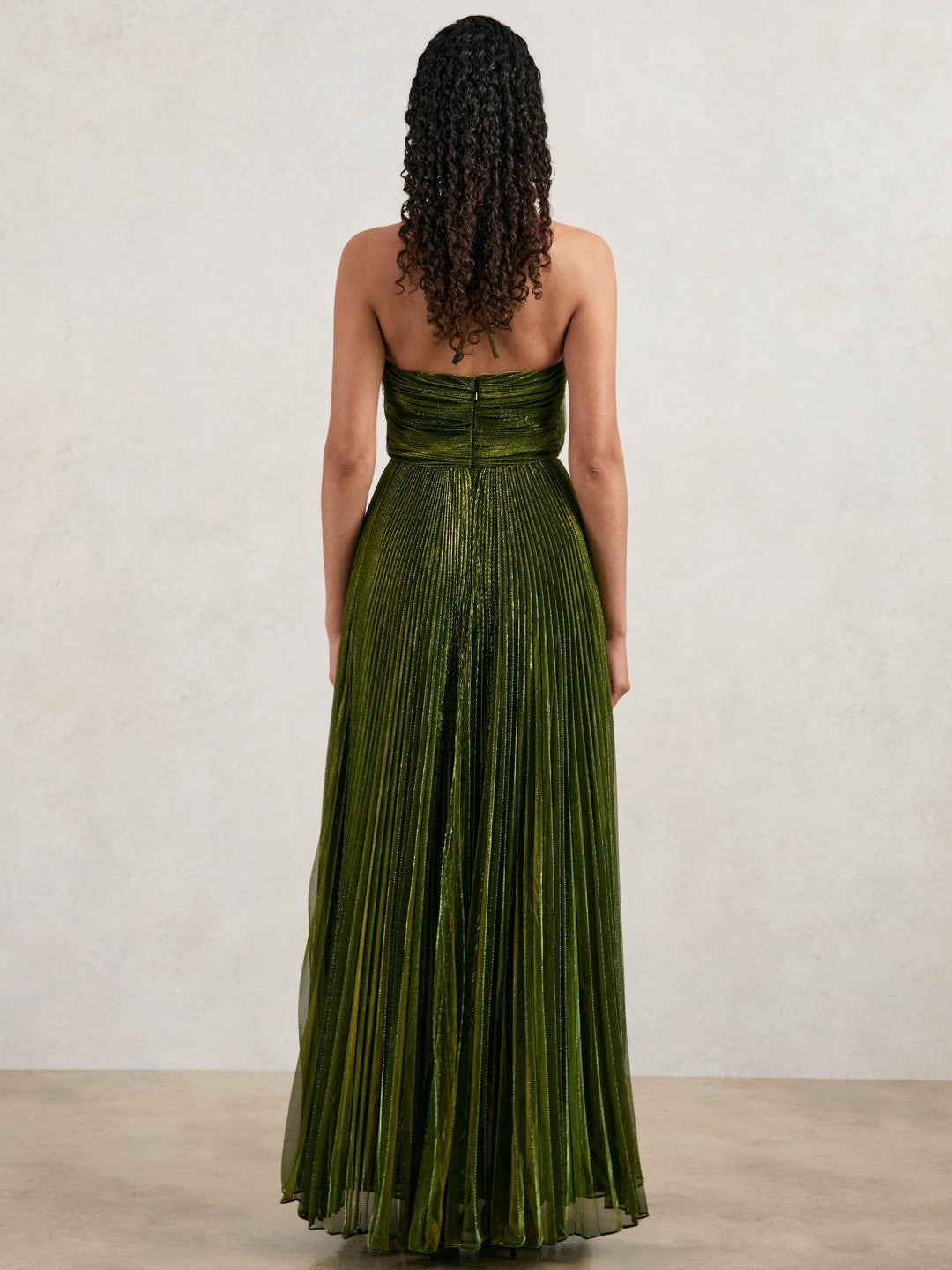 Halston Metallic Pleated Maxi Dress in Dark Olive Green | Reiss Women Signature