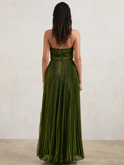 Halston Metallic Pleated Maxi Dress in Dark Olive Green | Reiss Women Signature