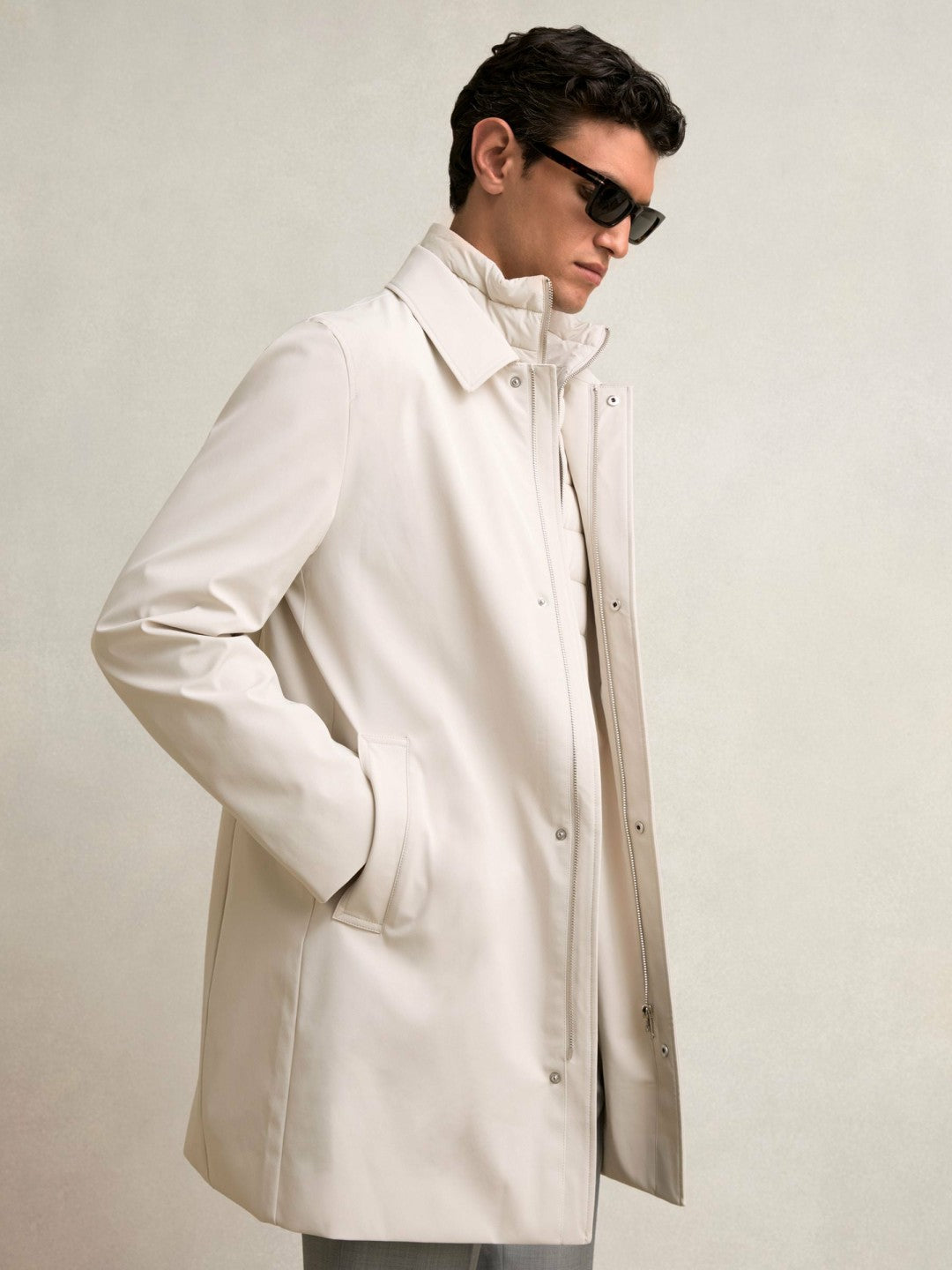 Hybrid Removable Funnel Neck Overcoat in Light Stone | Reiss Men Featured