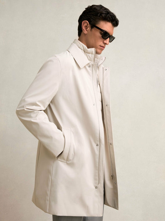 Hybrid Removable Funnel Neck Overcoat in Light Stone | Reiss Men Featured