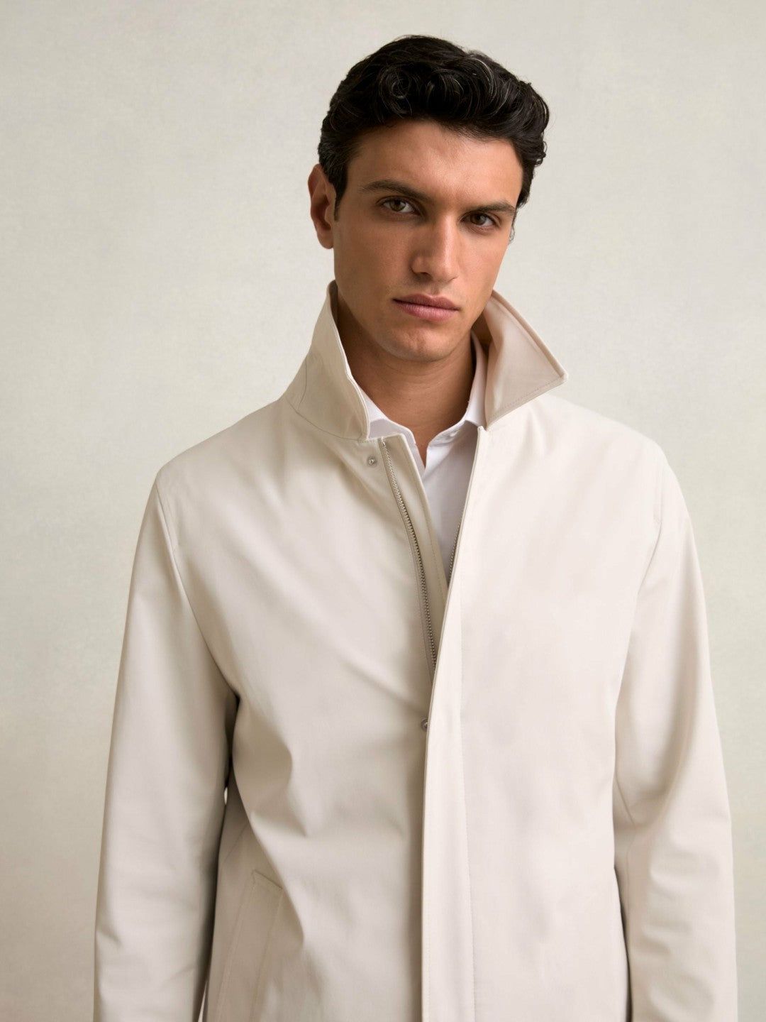 Hybrid Removable Funnel Neck Overcoat in Light Stone | Reiss Men Featured
