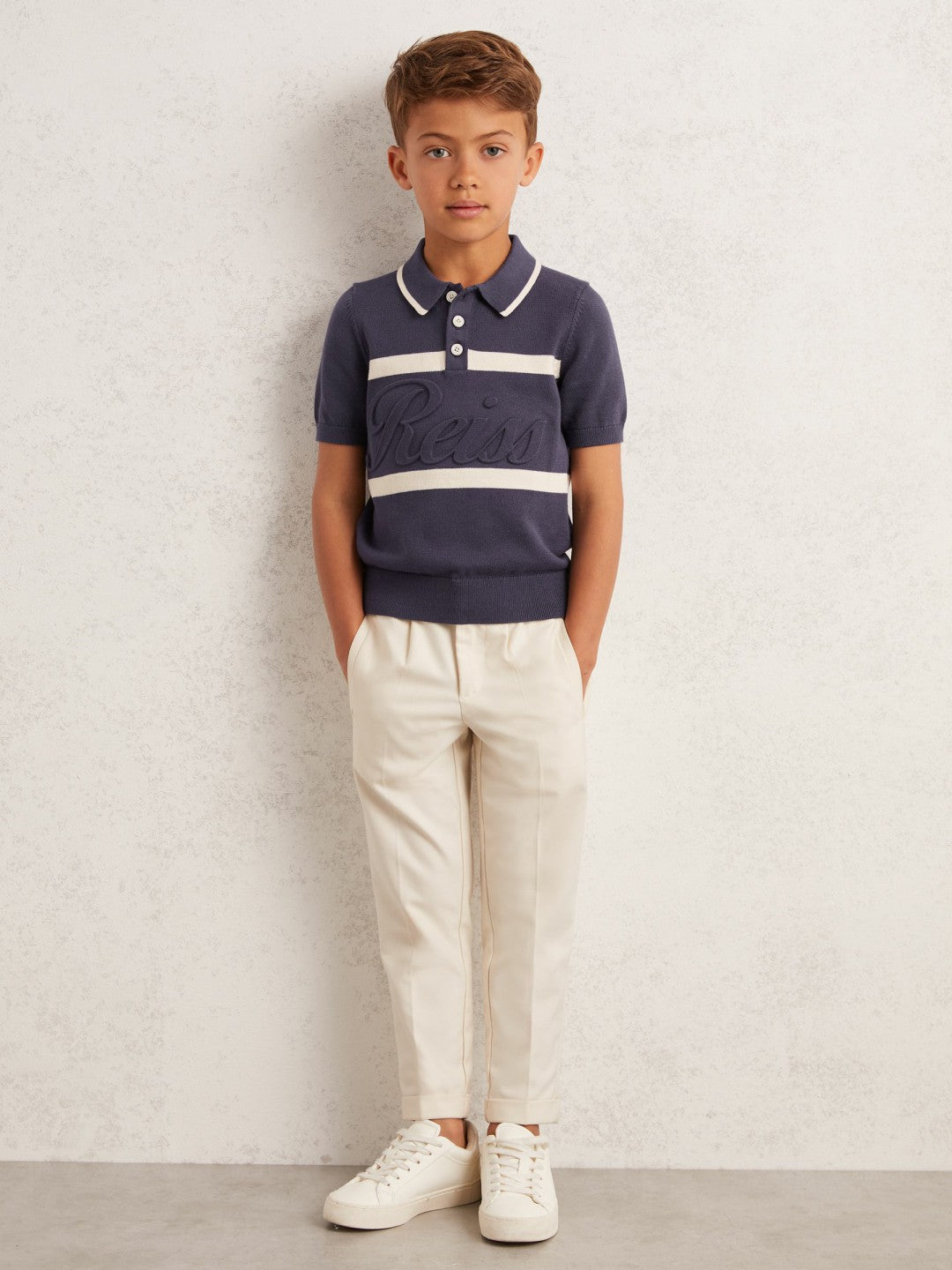 9-13 yrs Cotton Logo-Embossed Knit Polo Shirt in Indigo Blue/White | Reiss Children & Baby Exclusive