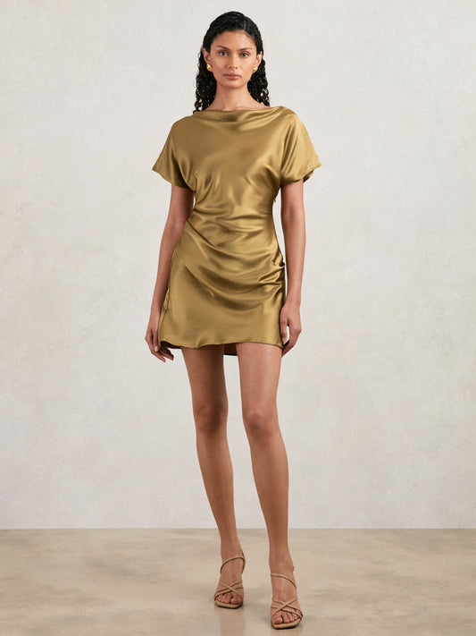 Acler Draped Satin Mini Dress in Gold Moss | Reiss Women Featured