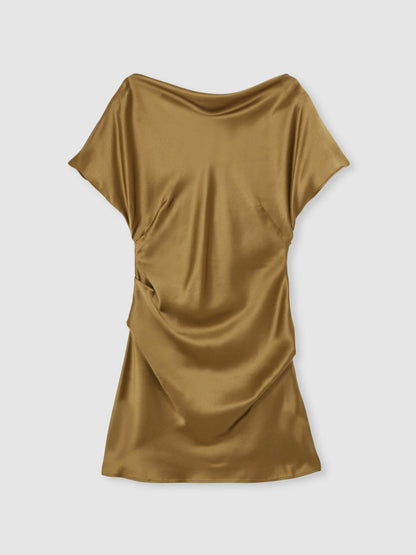 Acler Draped Satin Mini Dress in Gold Moss | Reiss Women Featured