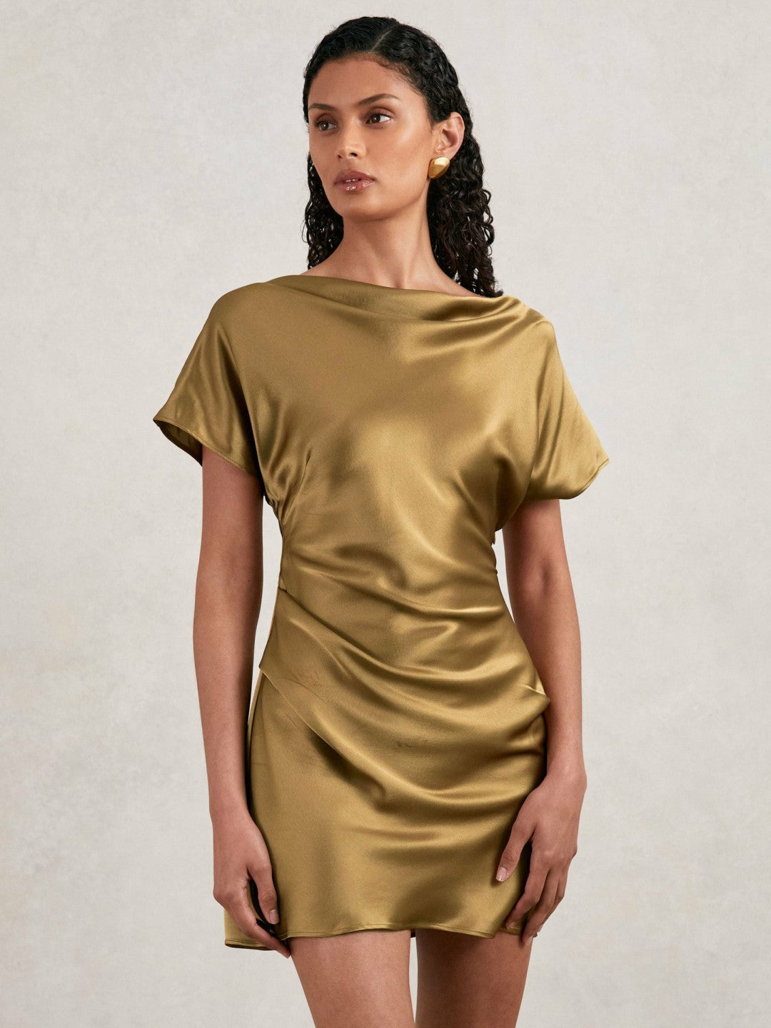 Acler Draped Satin Mini Dress in Gold Moss | Reiss Women Featured