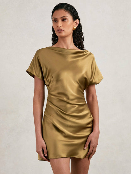 Acler Draped Satin Mini Dress in Gold Moss | Reiss Women Featured