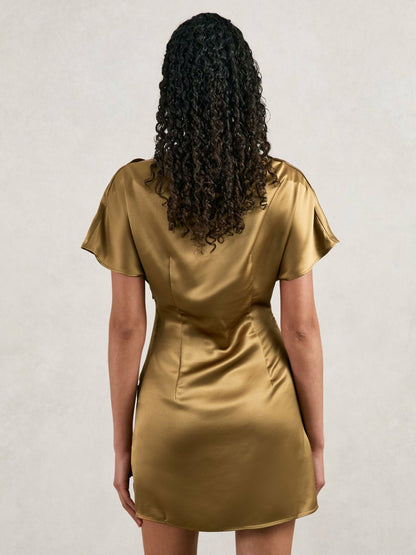 Acler Draped Satin Mini Dress in Gold Moss | Reiss Women Featured