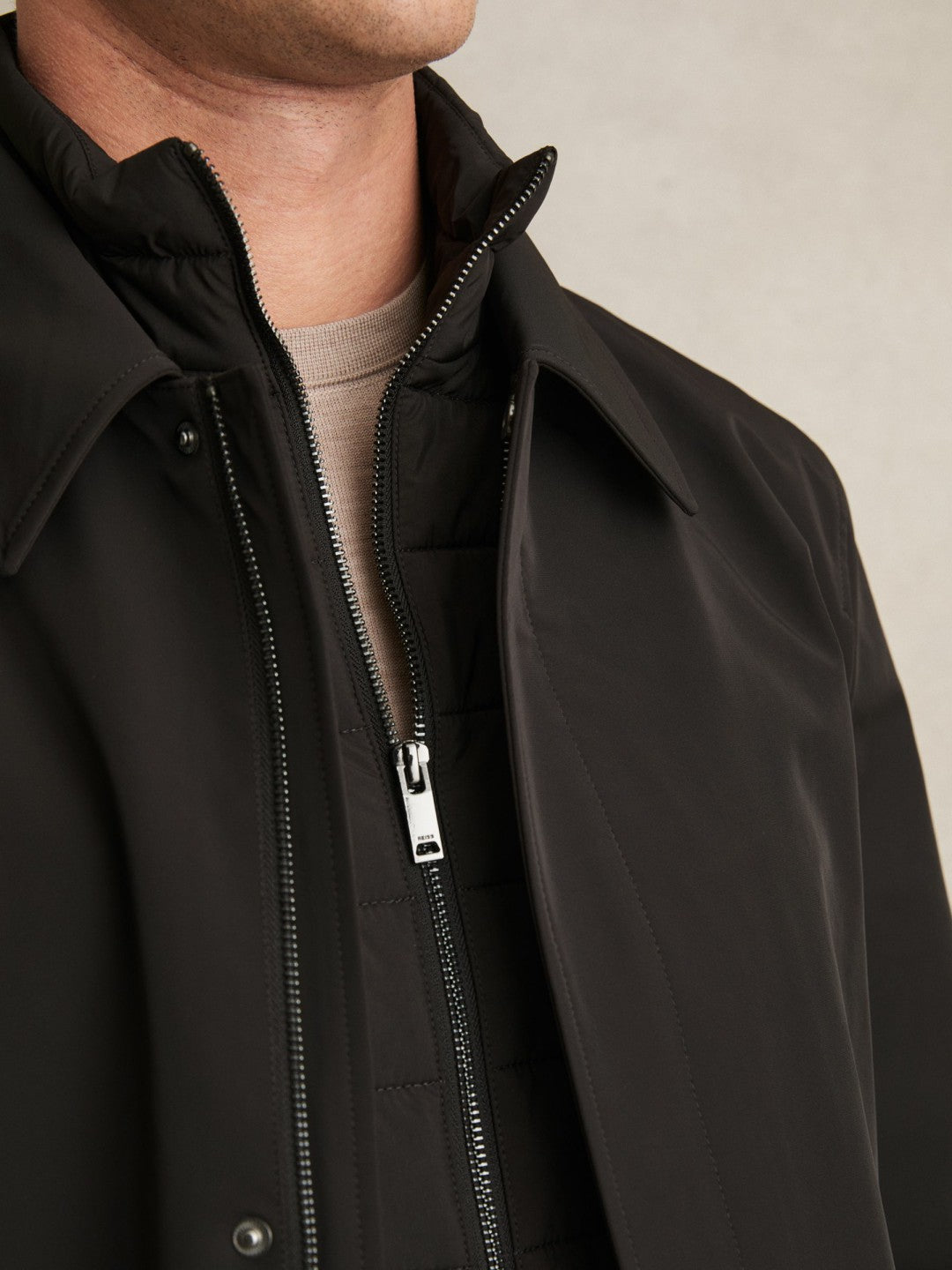 Hybrid Removable Funnel Neck Overcoat in Brown | Reiss Men Featured
