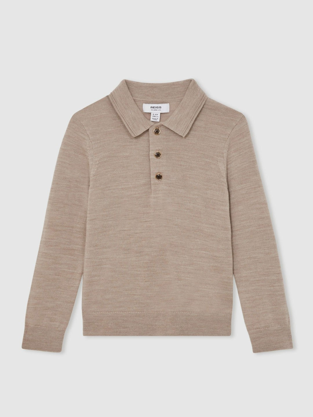 13-14 yrs Merino Wool Long-Sleeve Polo Shirt in Wheat Melange | Reiss Children & Baby Trending