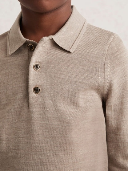 13-14 yrs Merino Wool Long-Sleeve Polo Shirt in Wheat Melange | Reiss Children & Baby Trending