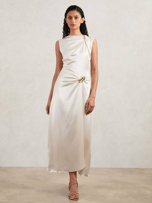 Acler Satin Draped Maxi Dress in Ivory | Reiss Women Recommended