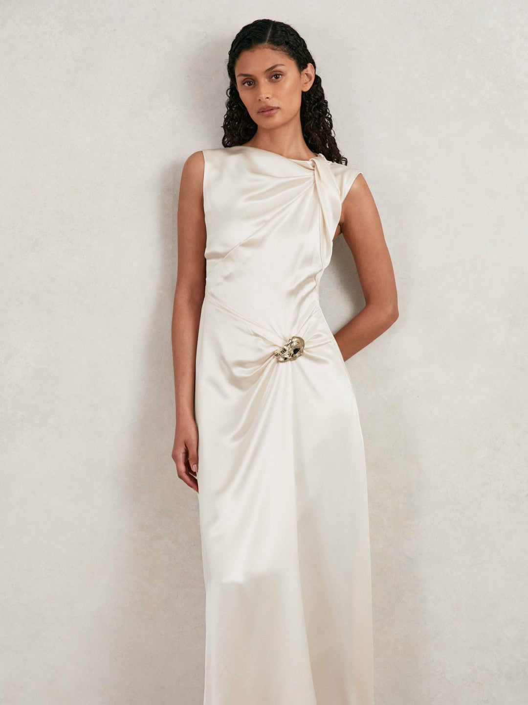 Acler Satin Draped Maxi Dress in Ivory | Reiss Women Recommended