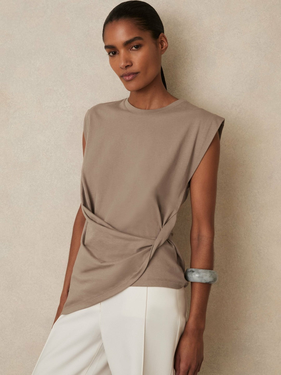 Cotton Drape T-Shirt in Taupe Neutral | Reiss Women Featured