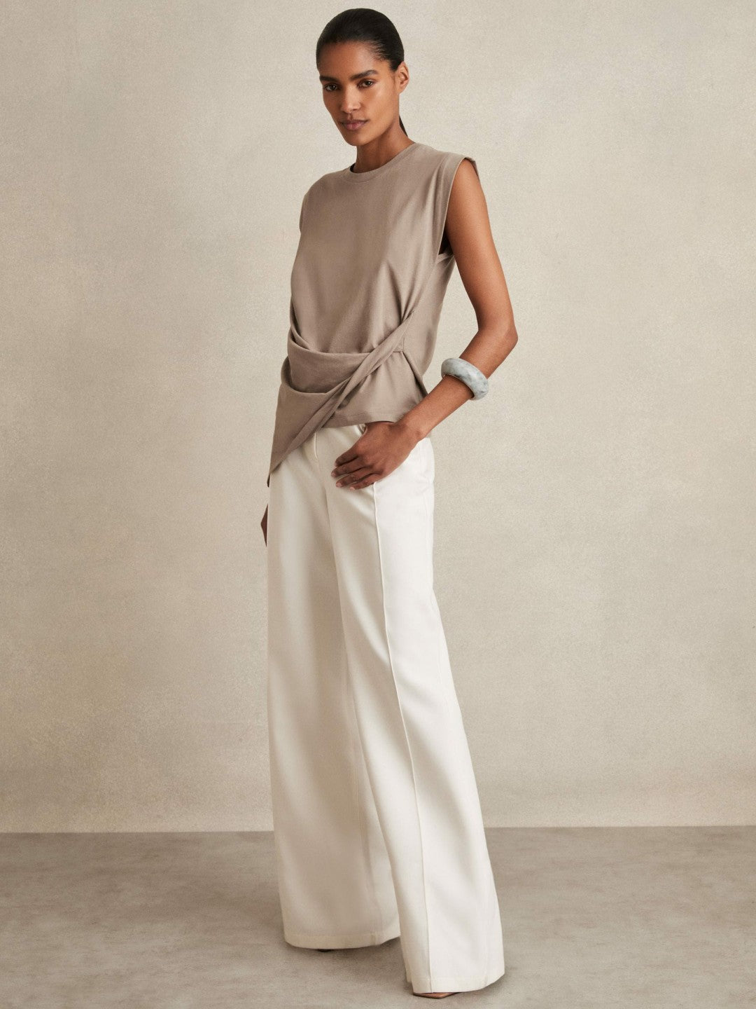 Cotton Drape T-Shirt in Taupe Neutral | Reiss Women Featured