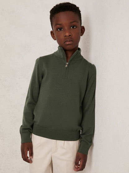 13-14 yrs Merino Wool Half-Zip Funnel Neck Jumper in Kale Green | Reiss Children & Baby Trending