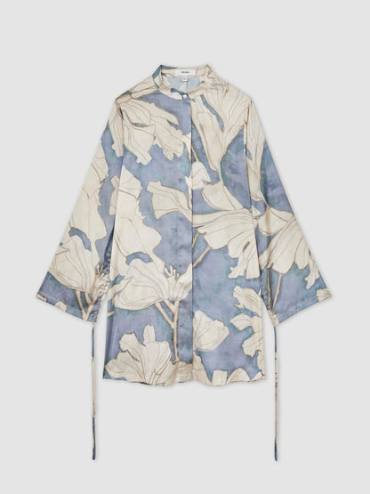 Floral Print Gathered Cut Out Shirt Dress in Blue | Reiss Women Signature