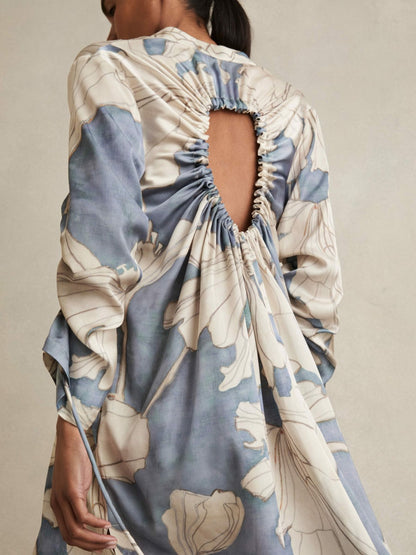 Floral Print Gathered Cut Out Shirt Dress in Blue | Reiss Women Signature